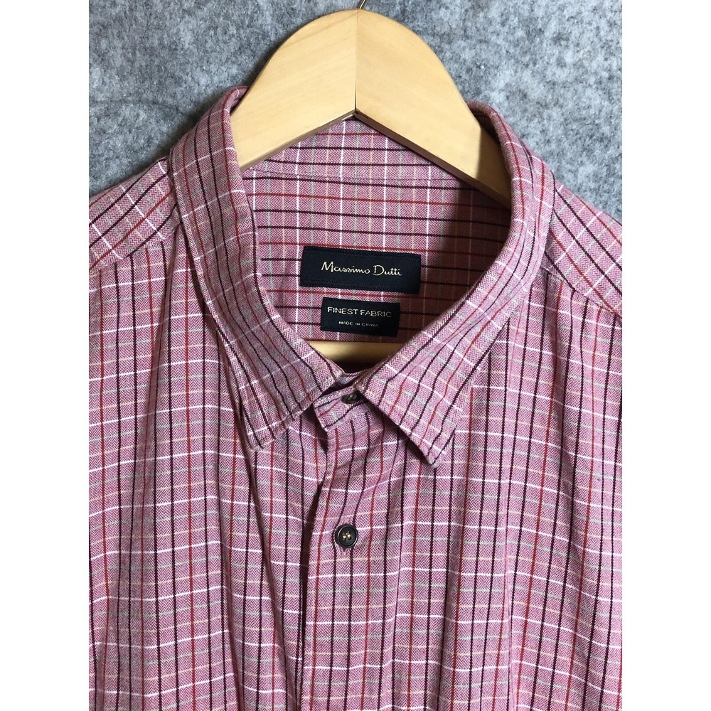 Massimo Dutti Shirt Mens 2XL Red‎ Plaid Elbow Patch Button Down Bamboo Casual